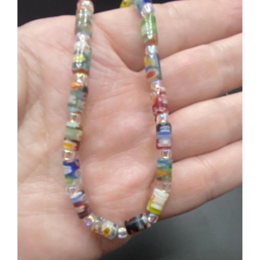 Unique Multicolor Necklace Venetian Millefiori 6mmx3mm Tube Bead 17" Gold Tone - Picture 7 of 11
